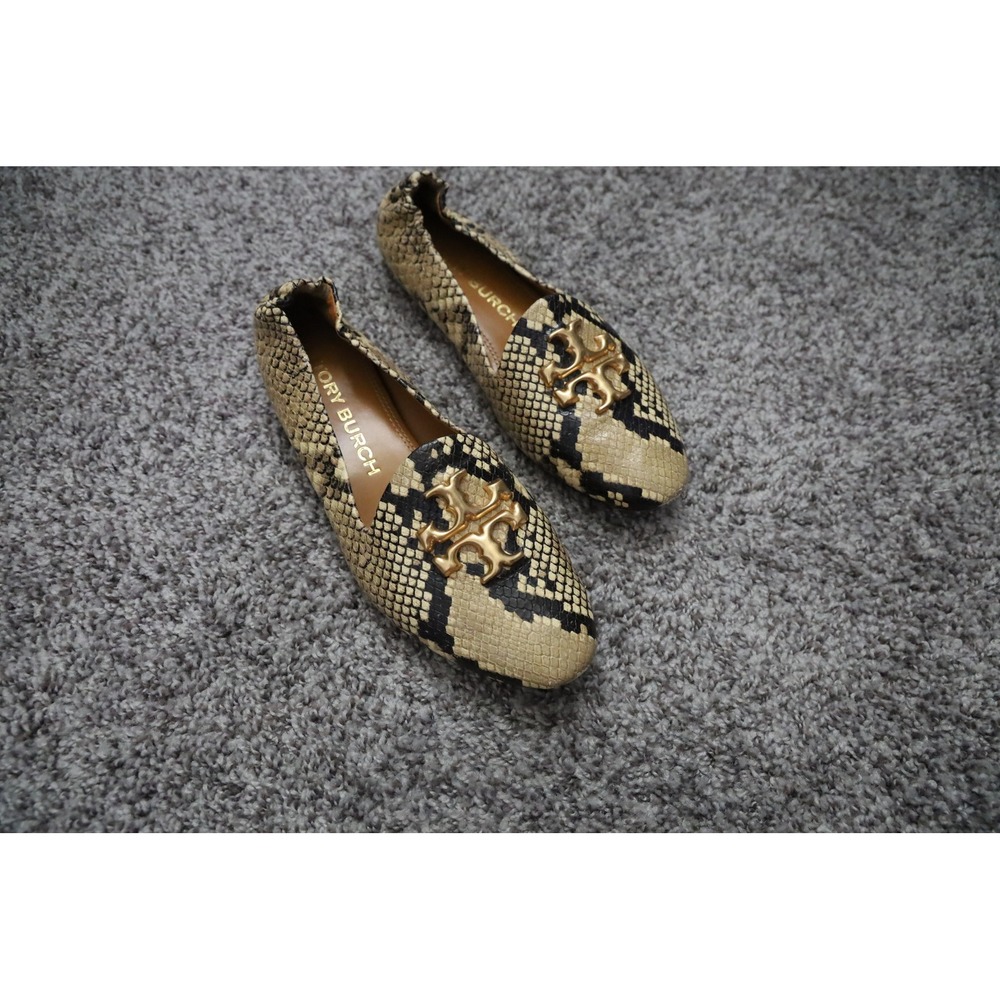 Tory Burch Eleanor Loafer Snake Embossed Leather Gold Logo Flats Size 7M Neutral